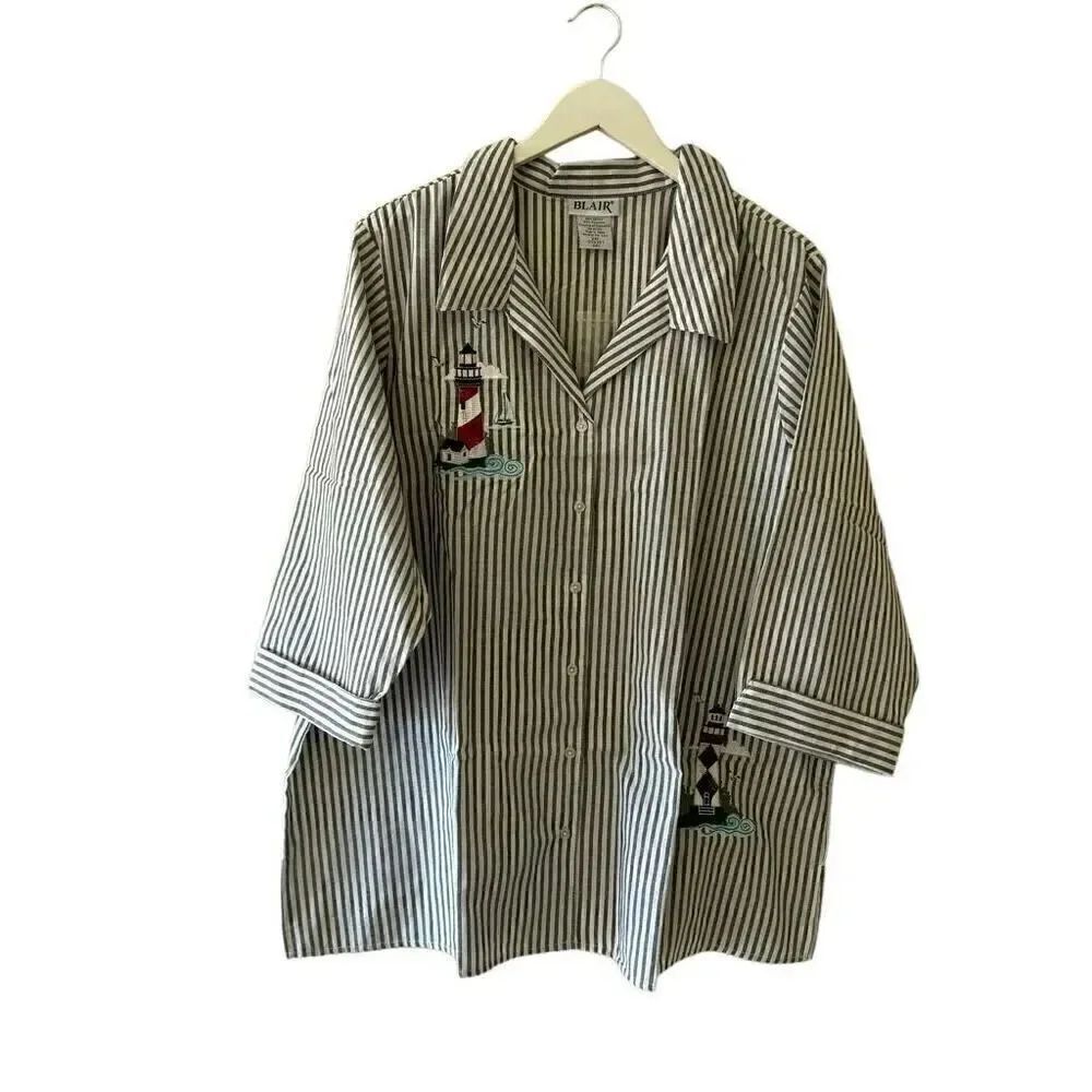 Blair Womens Top Plus  Embroidered Pocket Button Down Cotton Gray SZ 2XL #2007